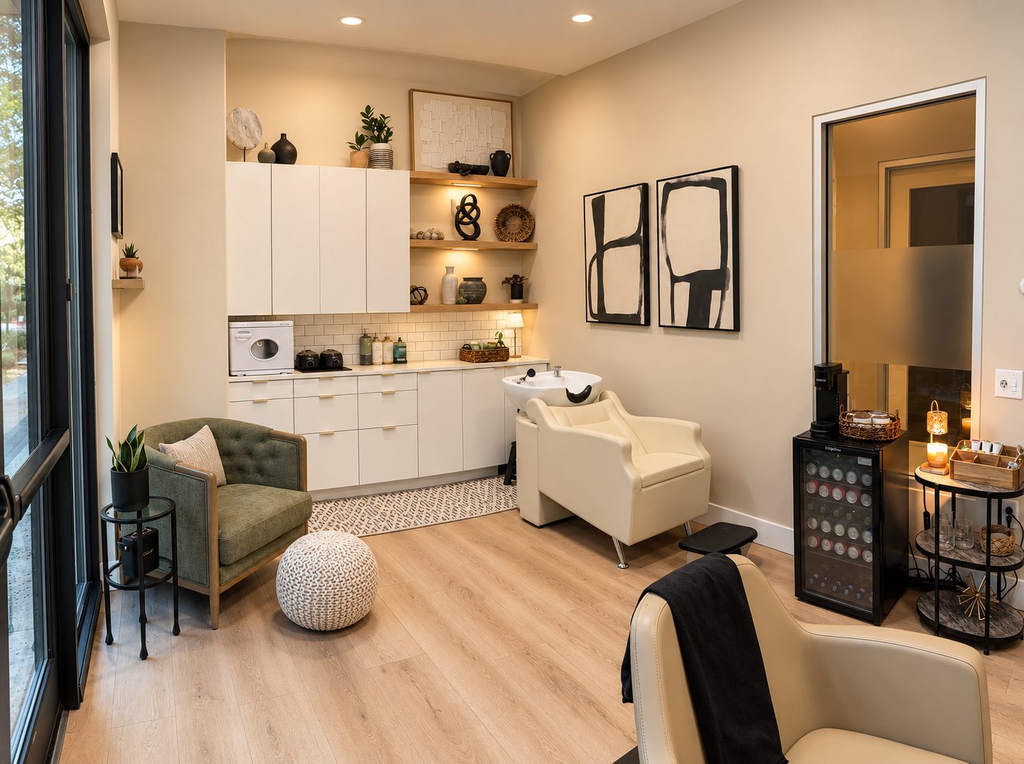 Inside the studio: shampoo chair, lounge seating and open shelving